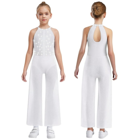 SiiRoh Girls Latin Jazz Dance Jumpsuit Sleeveless Shiny Rhinestone Pageant Romper Wide Leg Pants White 6