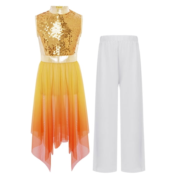 SiiRoh Girls Liturgical Praise Dance Dress Set Sequin Gradient Color Worship Tunic  And Palazzo Pants Lyrical Dancewear Gold 6