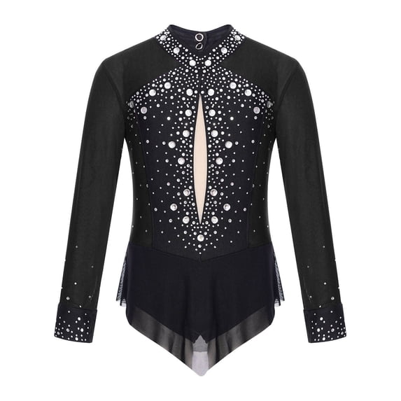 SiiRoh Girls Long Sleeve Gymnastics Leotard Sparkly Color Block Skirted Bodysuit for Dance Skating Black 16