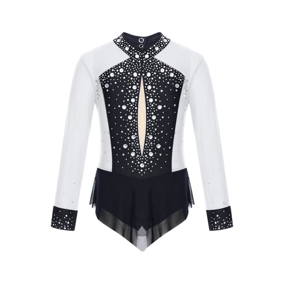 SiiRoh Girls Long Sleeve Gymnastics Leotard Sparkly Color Block Skirted Bodysuit for Dance Skating Black&White 10