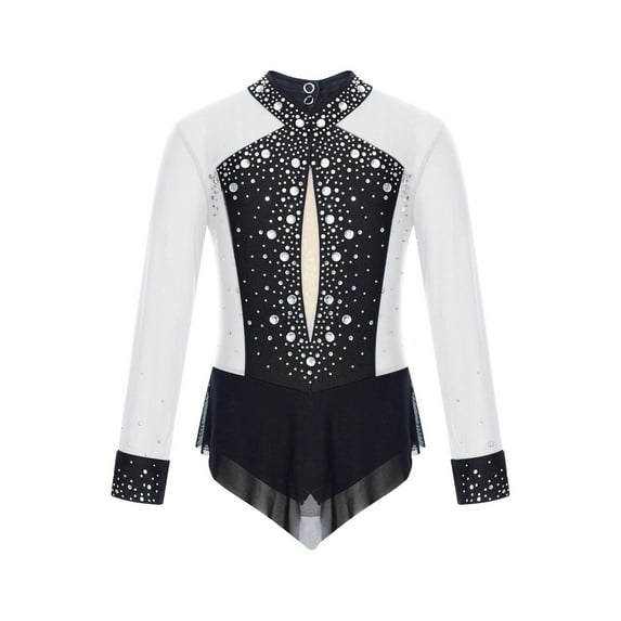 SiiRoh Girls Long Sleeve Gymnastics Leotard Sparkly Color Block Skirted Bodysuit for Dance Skating Black&White 16