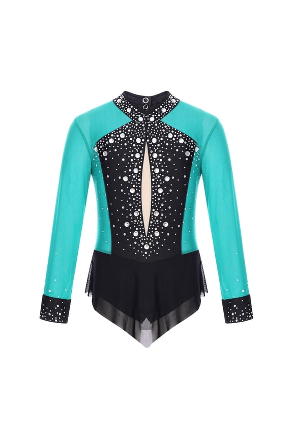 Girls Long Sleeve Gymnastics Leotard Sparkly Color Block Skirted Bodysuit for Dance Skating Blue Green 6