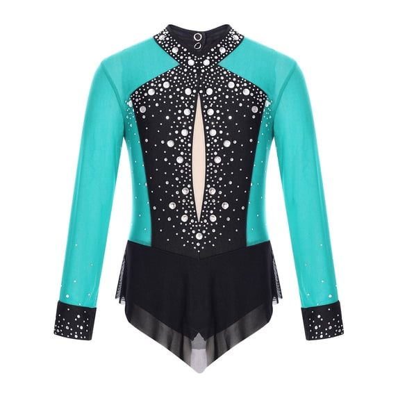 SiiRoh Girls Long Sleeve Gymnastics Leotard Sparkly Color Block Skirted Bodysuit for Dance Skating Blue Green 8