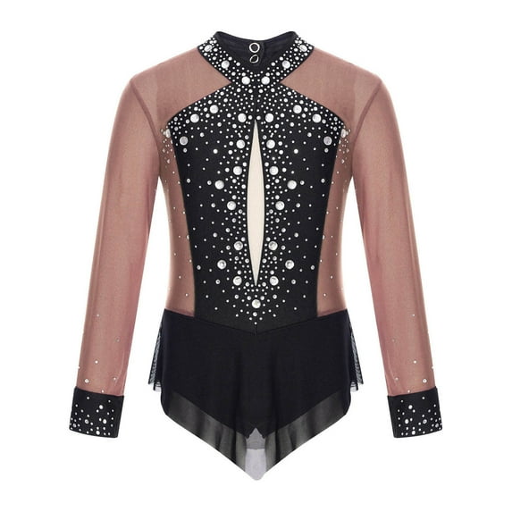 SiiRoh Girls Long Sleeve Gymnastics Leotard Sparkly Color Block Skirted Bodysuit for Dance Skating Dusty Pink 6