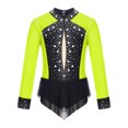 thumbnail image 1 of SiiRoh Girls Long Sleeve Gymnastics Leotard Sparkly Color Block Skirted Bodysuit for Dance Skating Fluorescent Yellow 10, 1 of 7