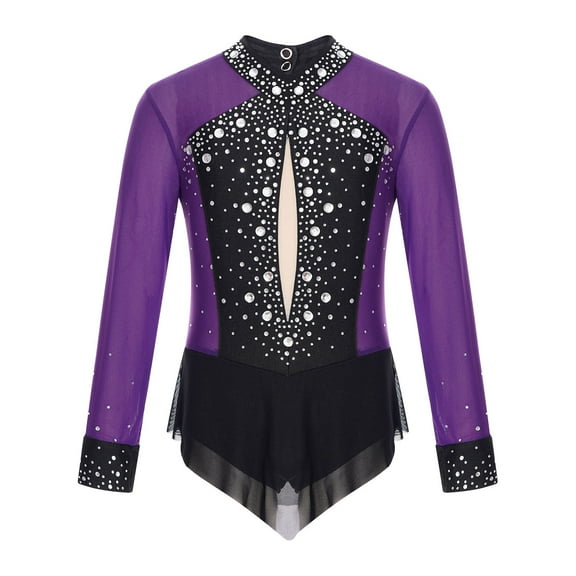 SiiRoh Girls Long Sleeve Gymnastics Leotard Sparkly Color Block Skirted Bodysuit for Dance Skating Purple 16