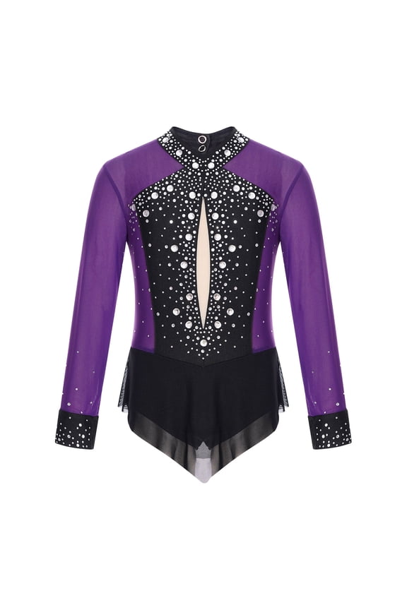 Girls Long Sleeve Gymnastics Leotard Sparkly Color Block Skirted Bodysuit for Dance Skating Purple 16