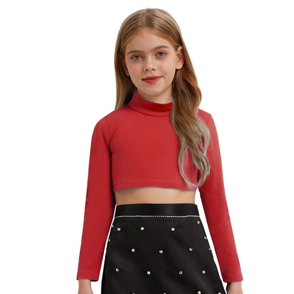 SiiRoh Girls Long Sleeve Stretch Short Mock Neck Athletic Shirt Crop Top Basics Sportswear Red 10