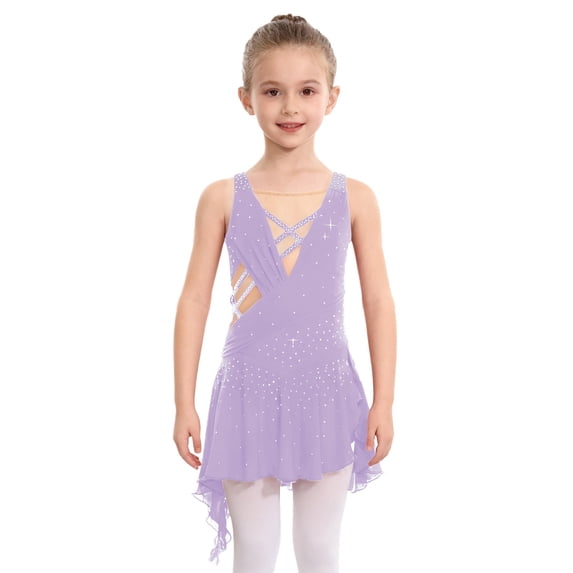 SiiRoh Girls Lyrical Dance Dress Sleeveless Rhinestones Ballet Leotard Figure Skating Asymmetrical Skirt Lavender 6