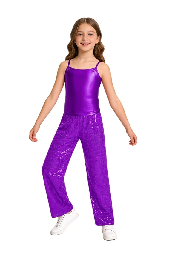 Girls Metallic Camisole Dance Tops with Sequin Pants Sets for Disco Party Jazz Dancewear Streetwear Purple 6