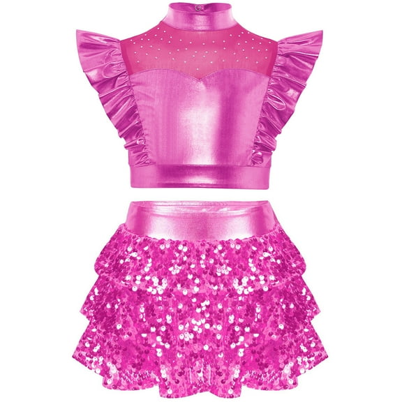 SiiRoh Girls Metallic Crop Top with Sequin Ruffle Tiered Skirt Sparkly Disco Jazz Dance Outfit Sets Hot Pink 8