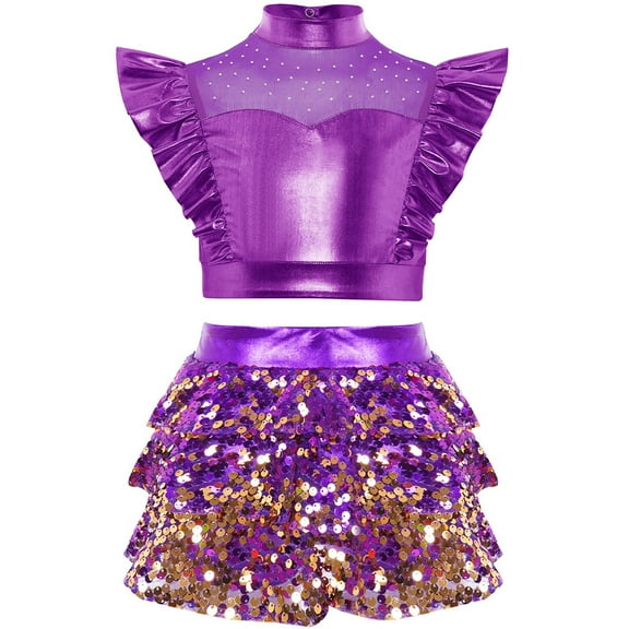 SiiRoh Girls Metallic Crop Top with Sequin Ruffle Tiered Skirt Sparkly Disco Jazz Dance Outfit Sets Purple 10