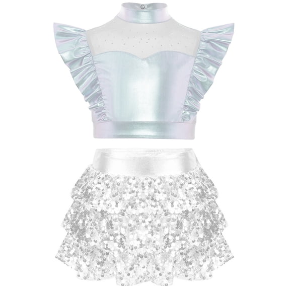 SiiRoh Girls Metallic Crop Top with Sequin Ruffle Tiered Skirt Sparkly Disco Jazz Dance Outfit Sets Silver 10
