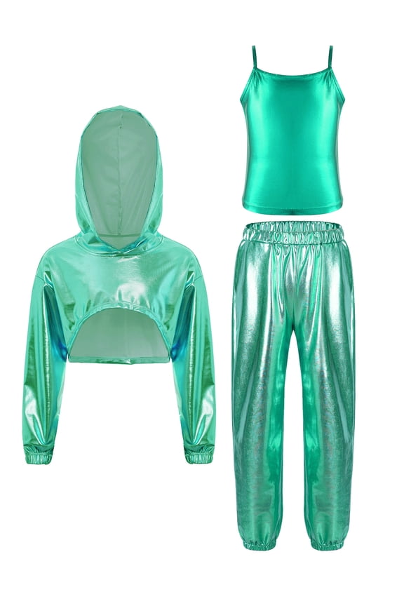 Girls Metallic Hip Hop Jazz Dance Outfit Asymmetrical Hem Cropped Hoodie With Light Green 6