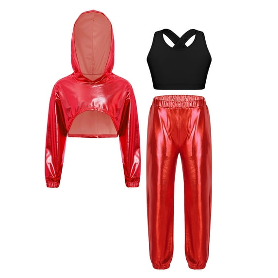 SiiRoh Girls Metallic Hip Hop Street Jazz Dance Outfit Cropped Hoodie Sweatshirt Tank Top and Harem Pants Red Black 12