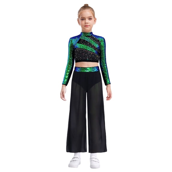 SiiRoh Girls Modern Jazz Dance Performance Set Sequins Crop Top and Chiffon Wide-Leg Side Slit Pants Green 16