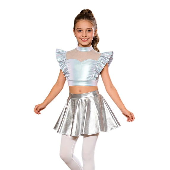 SiiRoh Girls Modern Jazz Latin Ballet Dance Outfits Sparkly Rhinestone Mock Neck Crop Top with Metallic Skirt Silver 14