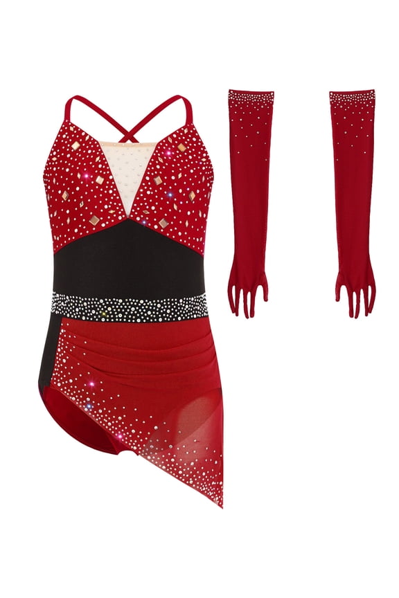 Girls Rhinestones Ballet Dance Leotard Mesh Figure Skating Dress Performance Competition Gymnastics Suit Burgundy 8