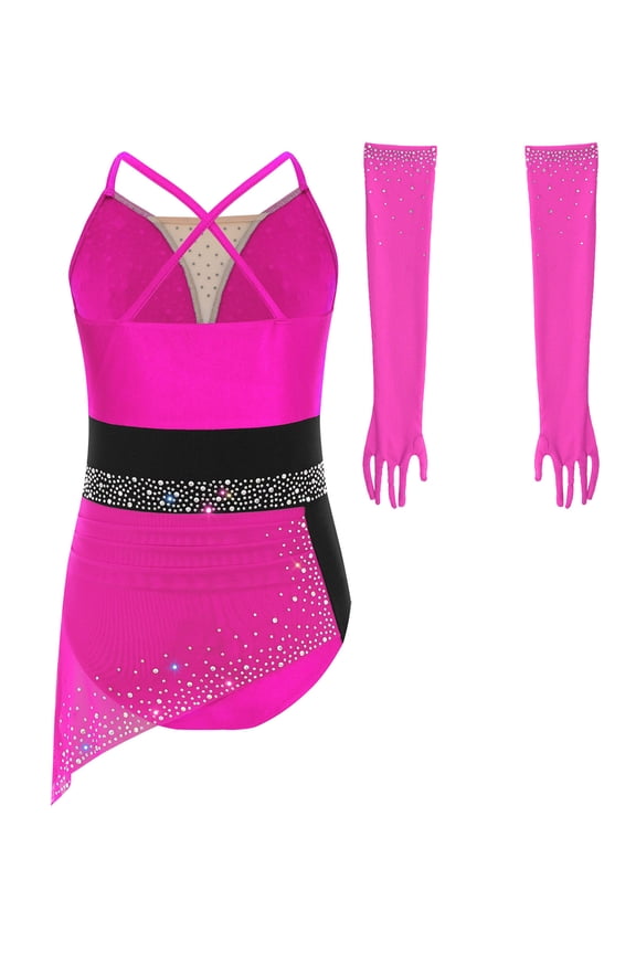 Girls Rhinestones Ballet Dance Leotard Mesh Figure Skating Dress Performance Competition Gymnastics Suit Hot Pink 6