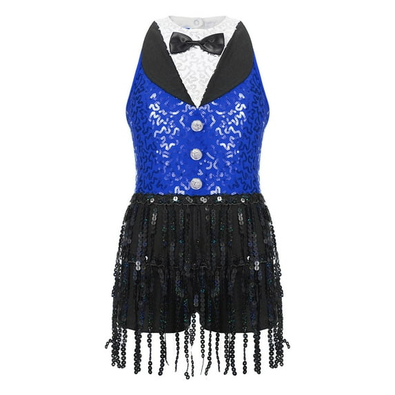 SiiRoh Girls Sequins Latin Dance Leotard Tassel Tuxedo Jazz Modern Dance Jumpsuit Gymnastic Skating Blue 6