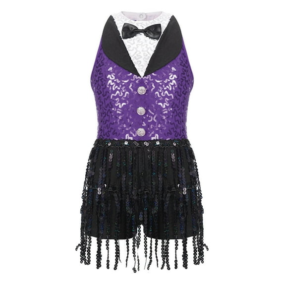 SiiRoh Girls Sequins Latin Dance Leotard Tassel Tuxedo Jazz Modern Dance Jumpsuit Gymnastic Skating Purple 16
