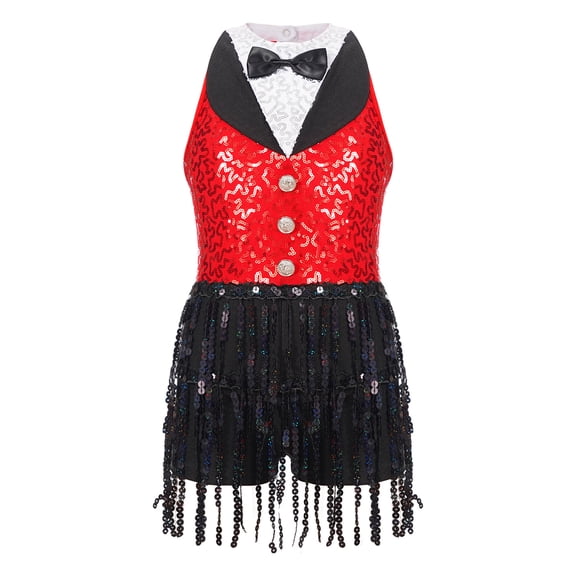 SiiRoh Girls Sequins Latin Dance Leotard Tassel Tuxedo Jazz Modern Dance Jumpsuit Gymnastic Skating Red 10