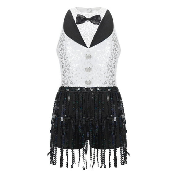 SiiRoh Girls Sequins Latin Dance Leotard Tassel Tuxedo Jazz Modern Dance Jumpsuit Gymnastic Skating White 6