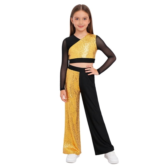 SiiRoh Girls Sequins Long Sleeve Cropped Top with Wide Leg Pants Sparkly Color Block Hip Hop Street Dance Outfits Gold 14