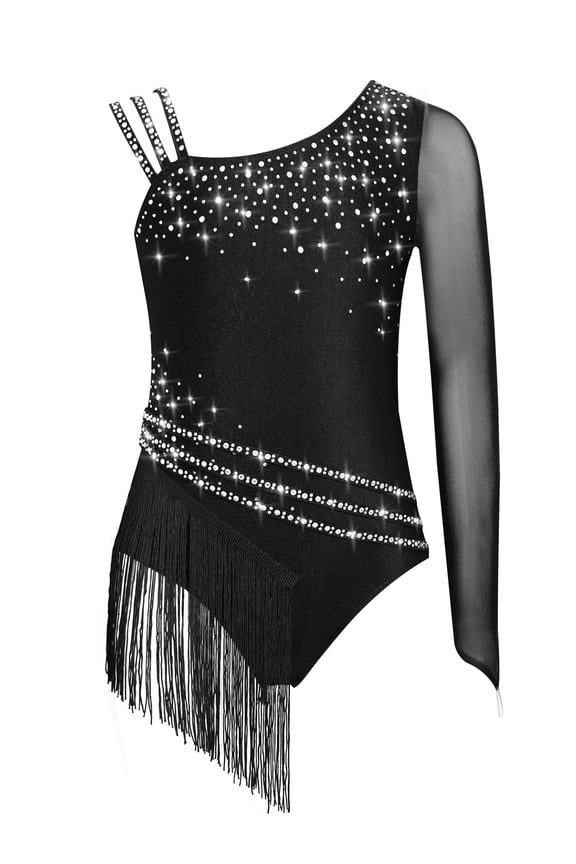 Girls Shiny Diamond Tassel Gymnastics Leotard Ballet Latin Jazz Dance Ice Skating Bodysuit Black 8