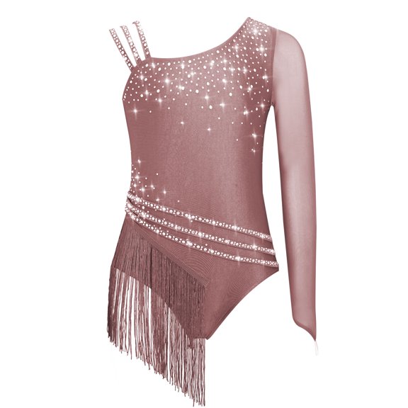 SiiRoh Girls Shiny Diamond Tassel Gymnastics Leotard Ballet Latin Jazz Dance Ice Skating Bodysuit Dusty Pink 12