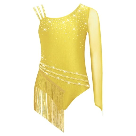 SiiRoh Girls Shiny Diamond Tassel Gymnastics Leotard Ballet Latin Jazz Dance Ice Skating Bodysuit Yellow 6