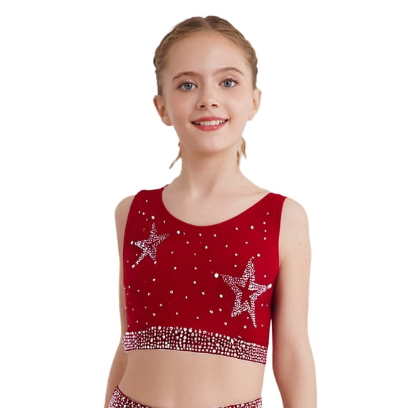 SiiRoh Girls Shiny Rhinestone Training Bra Criss Cross Back Ballet Dance Gymnastics Crop Tank Top Burgundy 14