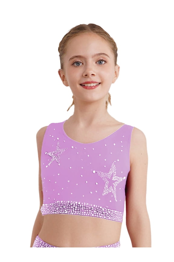 Girls Shiny Rhinestone Training Bra Criss Cross Back Ballet Dance Gymnastics Crop Tank Top Light Purple 6