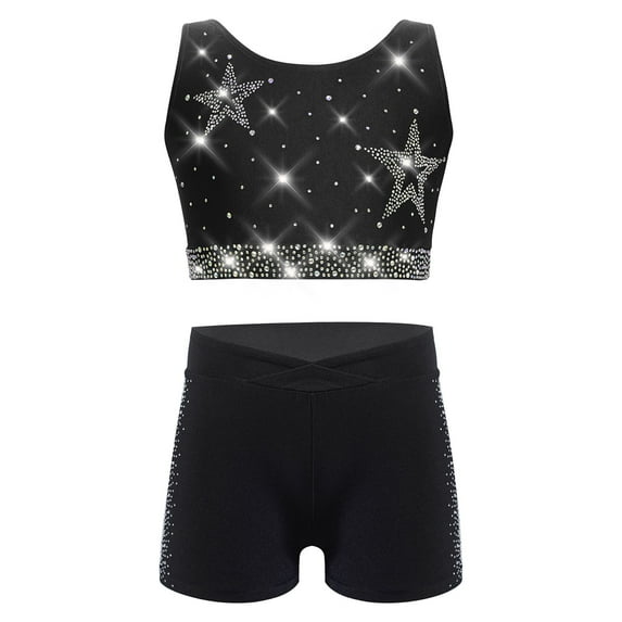 SiiRoh Girls Shiny Rhinestones Shorts Set Active Crop Tank Top Gymnastics Dance Sports Outfit Black 10