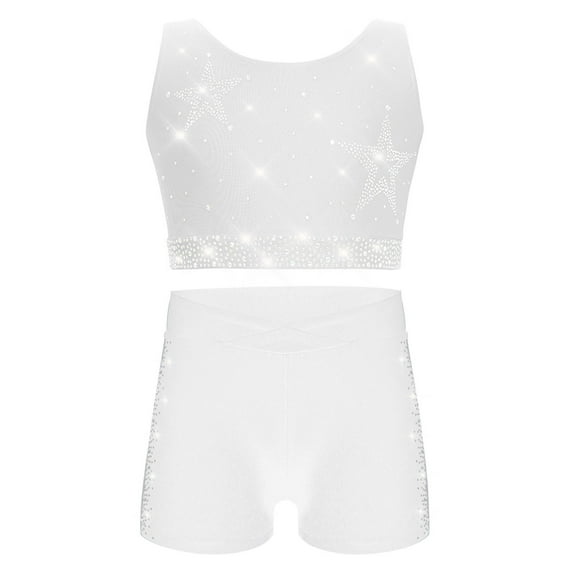 SiiRoh Girls Shiny Rhinestones Shorts Set Active Crop Tank Top Gymnastics Dance Sports Outfit White 6