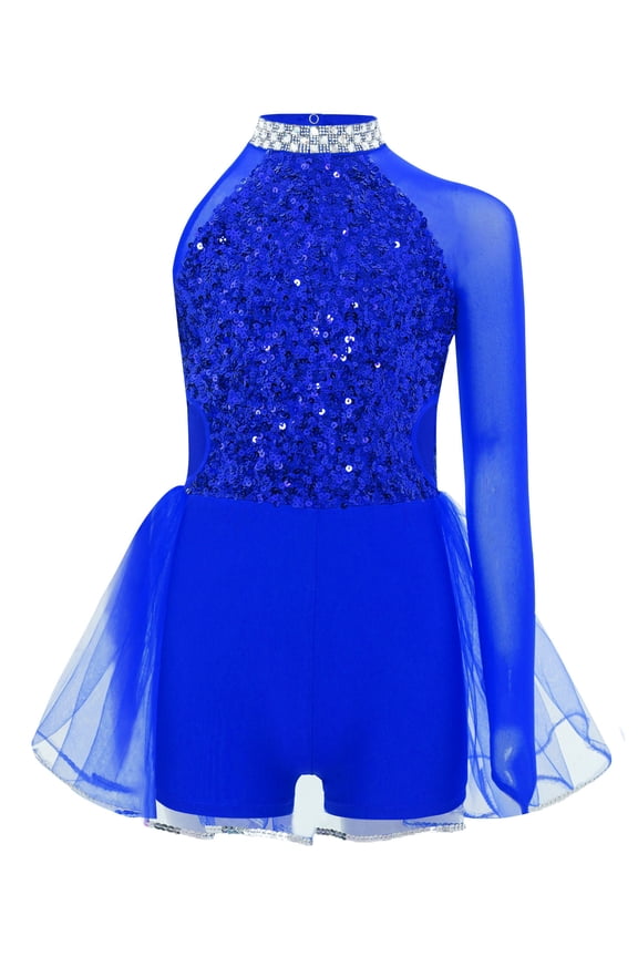 Girls Shiny Sequin Ballet Tulle Skirted Leotard Jazz Dance Outfit One Piece Jumpsuit Gymnastics Bodysuit Blue 14