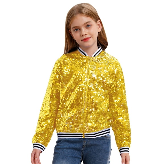 SiiRoh Girls Shiny Sequin Bomber Jacket Long Sleeve Zip Up Coat Sparkly Club Party Outerwear Tops Gold 16