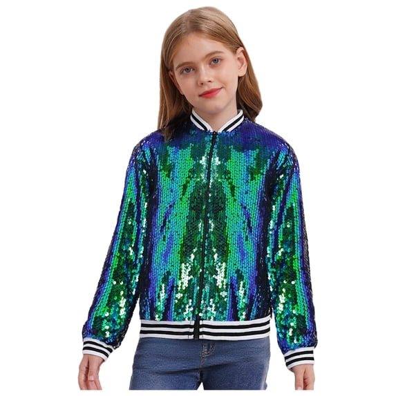 SiiRoh Girls Shiny Sequin Bomber Jacket Long Sleeve Zip Up Coat Sparkly Club Party Outerwear Tops Green 10
