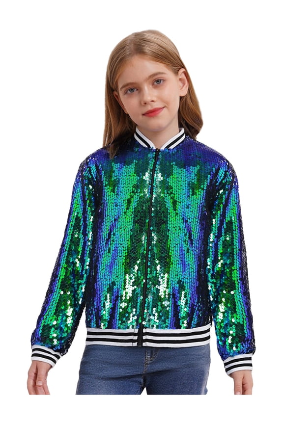 Girls Shiny Sequin Bomber Jacket Long Sleeve Zip Up Coat Sparkly Club Party Outerwear Tops Green 16