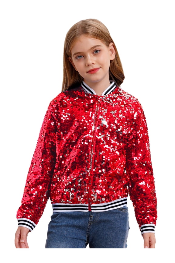 Girls Shiny Sequin Bomber Jacket Long Sleeve Zip Up Coat Sparkly Club Party Outerwear Tops Red 16