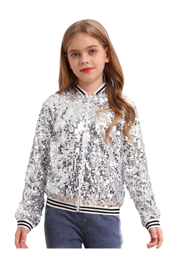 Girls Shiny Sequin Bomber Jacket Long Sleeve Zip Up Coat Sparkly Club Party Outerwear Tops Silver 10