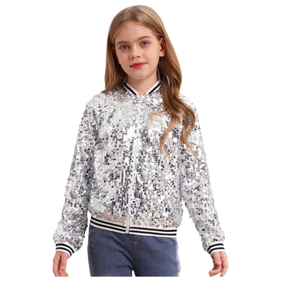 SiiRoh Girls Shiny Sequin Bomber Jacket Long Sleeve Zip Up Coat Sparkly Club Party Outerwear Tops Silver 14