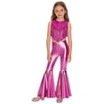 thumbnail image 1 of SiiRoh Girls Shiny Sequins Metallic 70s Disco Hippie Clothes Set Fringed Tank Top Split Flares Pants Latin Dance Outfit Hot Pink 16, 1 of 7
