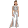 thumbnail image 1 of SiiRoh Girls Shiny Sequins Metallic 70s Disco Hippie Clothes Set Fringed Tank Top Split Flares Pants Latin Dance Outfit Silver 10, 1 of 7