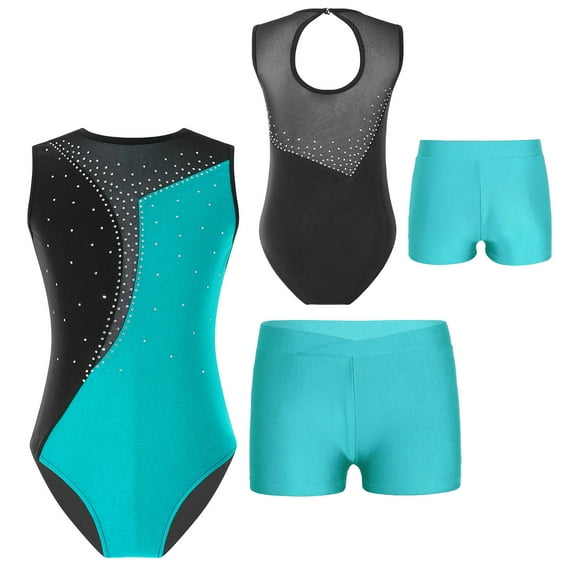 SiiRoh Girls Sleeveless Gymnastics Ballet Dance Leotard Tumbling Biketard with Active Shorts Blue Green 10