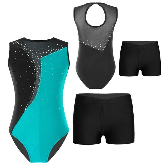 SiiRoh Girls Sleeveless Gymnastics Ballet Dance Leotard Tumbling Biketard with Active Shorts Blue Green&Black 10