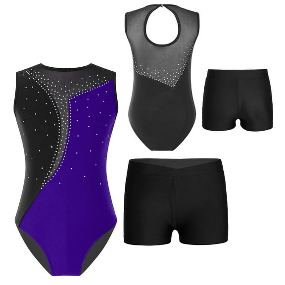 SiiRoh Girls Sleeveless Gymnastics Ballet Dance Leotard Tumbling Biketard with Active Shorts Purple&Black 6