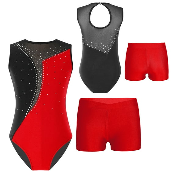 SiiRoh Girls Sleeveless Gymnastics Ballet Dance Leotard Tumbling Biketard with Active Shorts Red 8