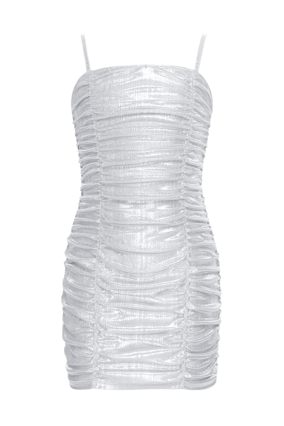 Girls Spaghetti Strap Cami Bodycon Mini Dress Sleeveless Ruched Short Slim Pencil Dresses Silver 12