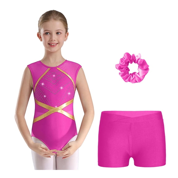 SiiRoh Girls Sparkle Gymnastics Leotard Set Sleeveless Rhinestones Workout Dance Bodysuit with Shorts Hair Tie Hot Pink 6